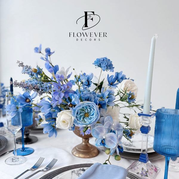 Blue Reception Event Floral Arrangement Centerpiece